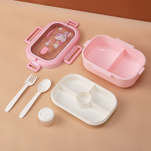 Cute cartoon student food grade plastic compartment lunch box large capacity children microwave heating with spoon
