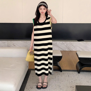 Korean Style Lazy Style Black and White Stripe Vic Dress Long Dress 2025 Summer New Casual Loose Sleeveless dress