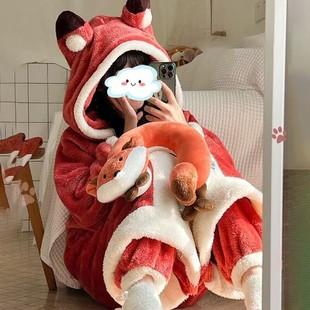Коралловый бархатный халат женский плюшевый осень зима новый маленький лис зимний набор толстый халат с капюшоном милый халат