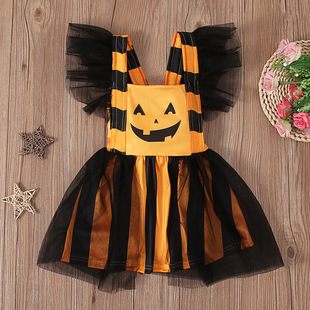 Girls' European and American summer mesh flying shoulder sleeve Halloween pumpkin dress sleeveless backless children's dress children's clothing ins