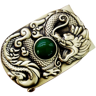 Pure copper inlaid jade automatic buckle men's high-grade brass dragon playing beads leather belt belt belt fashion trendy men's pants belt