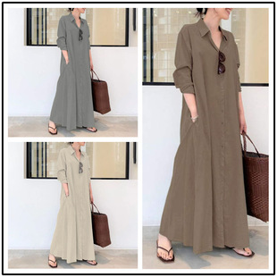 in stock Europe and the United States new solid color lapel long sleeve pocket simple loose casual long dress a generation of hair
