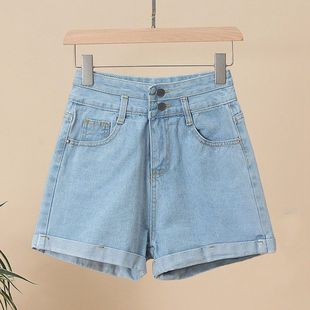White Double Buckle Denim Shorts Women's Summer New Ins Super High Waist Loose Slimming Straight A- leg Wide-leg Hot Pants