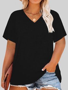 Cross-border Foreign Trade plus size Clothing European and American Casual V-neck Pullover Women's T-shirt Single Piece Stamping Plus Size Women's Clothing