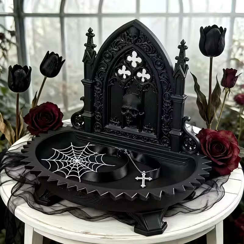 Skull Flower Storage Box with Three-Dimensional Carved Design, Gothic Dark Style Box