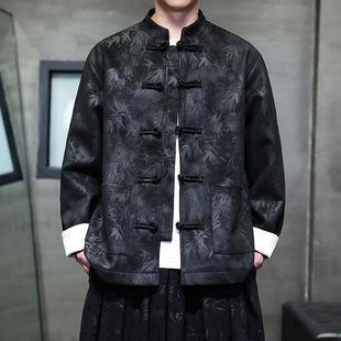 2024 autumn and winter new suede bronzing bamboo leaves Chinese style men's retro trend buckle jacket coat wholesale