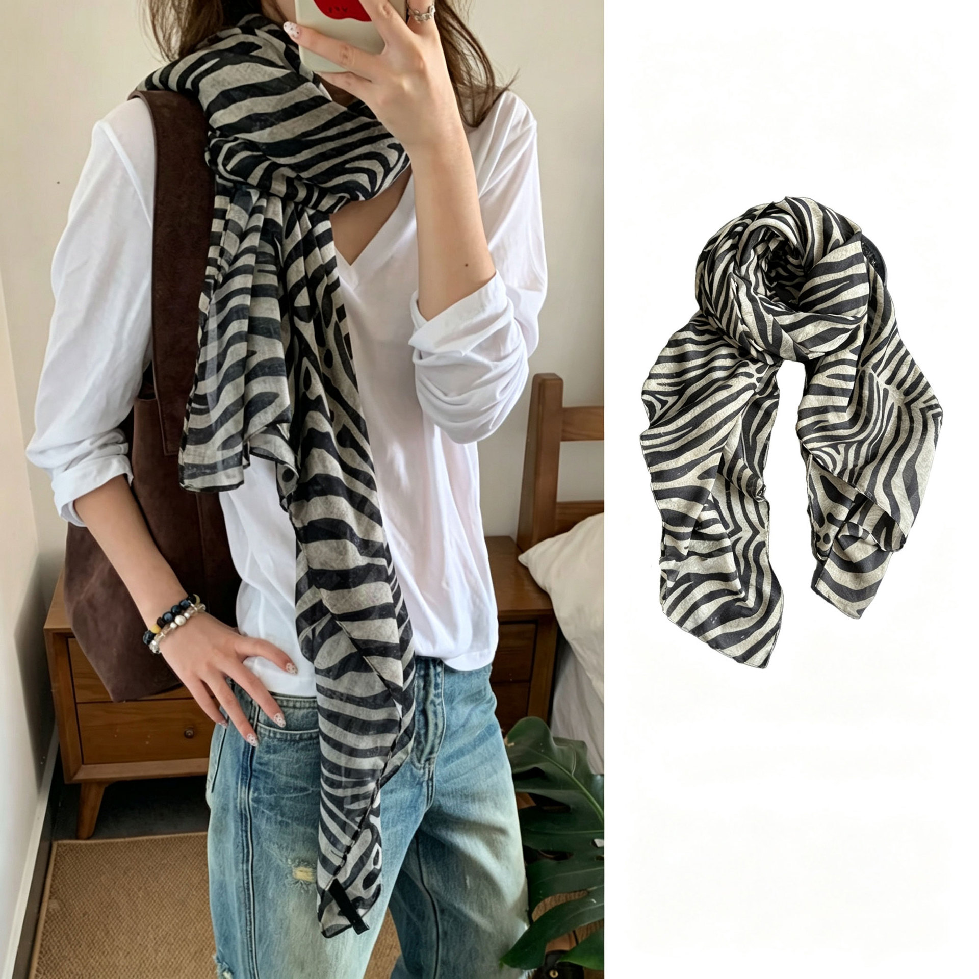 2026 New Vintage Light Luxury Zebra Pattern Scarf Shawl for Women, Stylish Atmosphere Scarf, Fashionable Outerwear Silk Scarf, Long Scarf