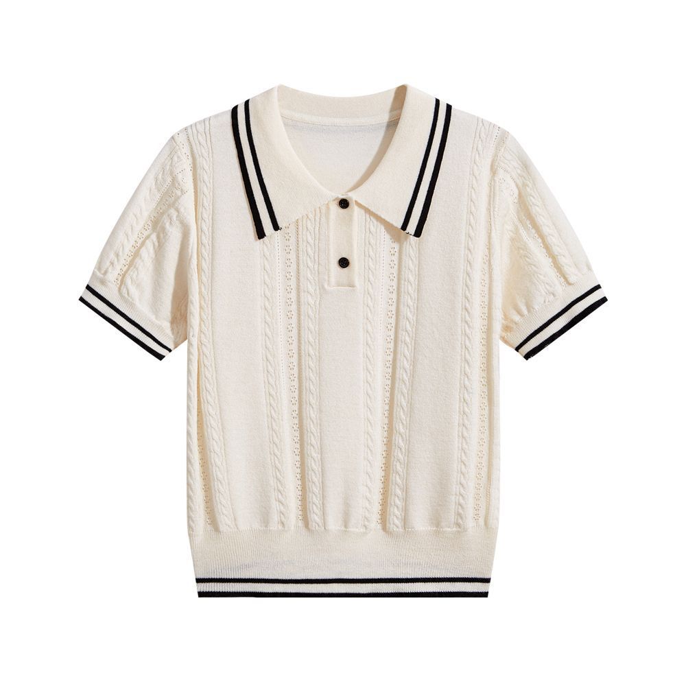 New Style College-Style Patchwork Short-Sleeve Knit Polo Collar Trendy Casual Top for Summer, Color-Blocking, Lightweight, Slim Fit, Versatile