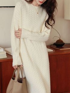 Lazy style long sleeve twist knitted dress women's autumn and winter New style inner skirt with overcoat loose meat covering sweater