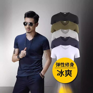 Cross-border Short-sleeved T-shirt Men's V-neck Slim Pure Color Bottoming Shirt Summer Black Half-sleeved Pure Color Trendyy Tight T-shirt