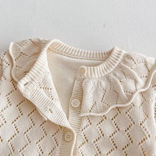 2024 spring new 0-3 years old baby girl baby sweater hollow cotton yarn knitted large lotus collar long sleeve coat