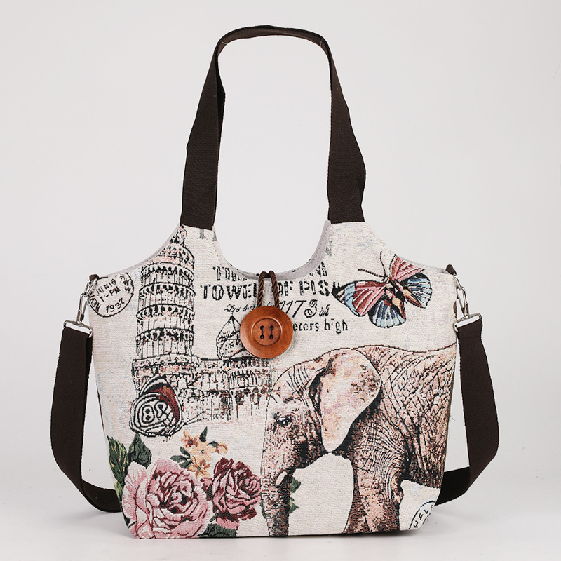 Ethnic Style One-Shoulder Tote Large Capacity Thailand Yunnan Travel Zipper Large Button Canvas Bag Elephant Cat Embroider