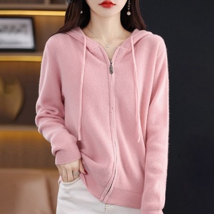 Knitwear pullover sweater solid color 2023 wool plush autumn shirt top women's hoodie coat hooded zipper
