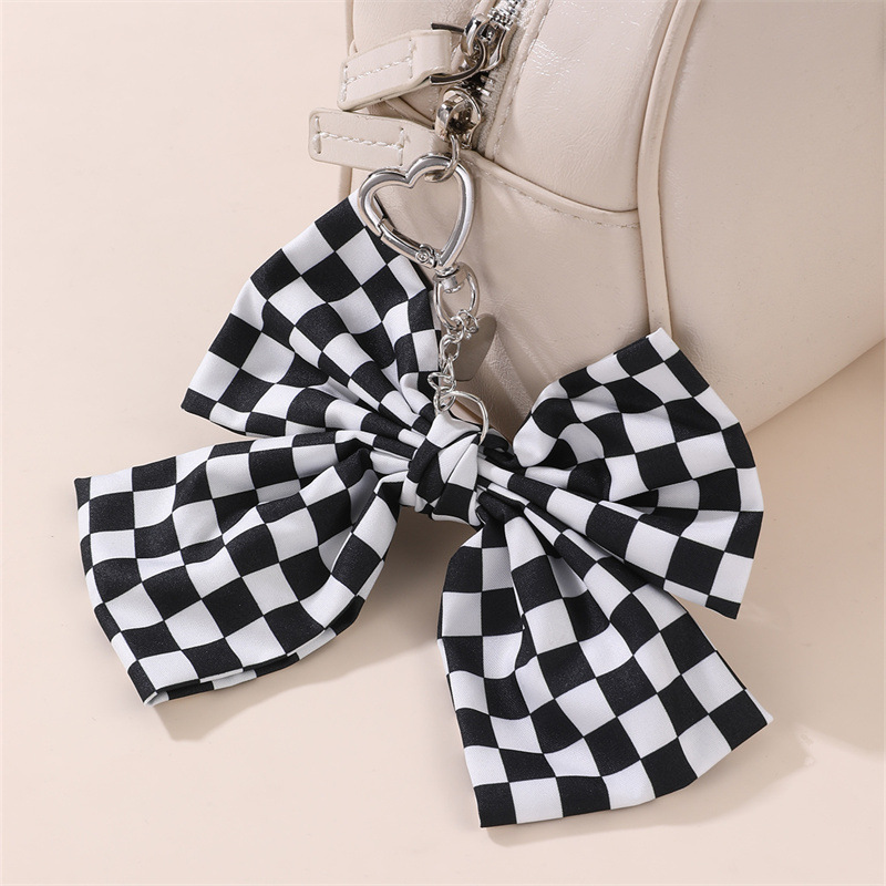 Cross-Border European and American Fashion Black and White Plaid Bow Keychain Blue Buckle Fashion Fabric Women's Accessories Hanging Jewelry