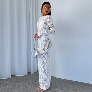 French sexy perspective dress Amazon export cross-border hollow lace pattern pure want to show off body dress