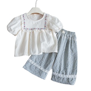 New Girls Suit 2024 Summer New Style Children's Korean Style Forest Embroidered Baby Doll Shirt + Plaid Straight-leg Wide Leg