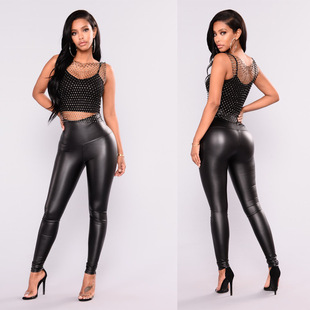 Amazon European and American Hot Selling High Waist Leather Pants Basic Stretch Nine-point Leggings Sexy Slim-fit Women's Pants