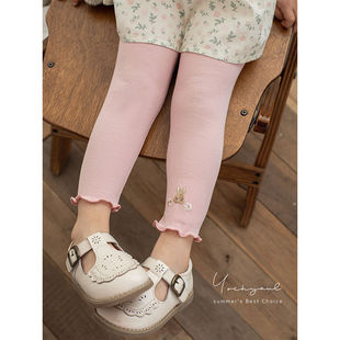 Wurib Girl's Slim-Fit Leggings 2025 Summer Sweet Cute Ear Embroidered Small Animal Casual Pants