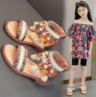 Children's Roman shoes girls' sandals summer fashion 2024 New Korean style ethnic style soft bottom baby princess shoes