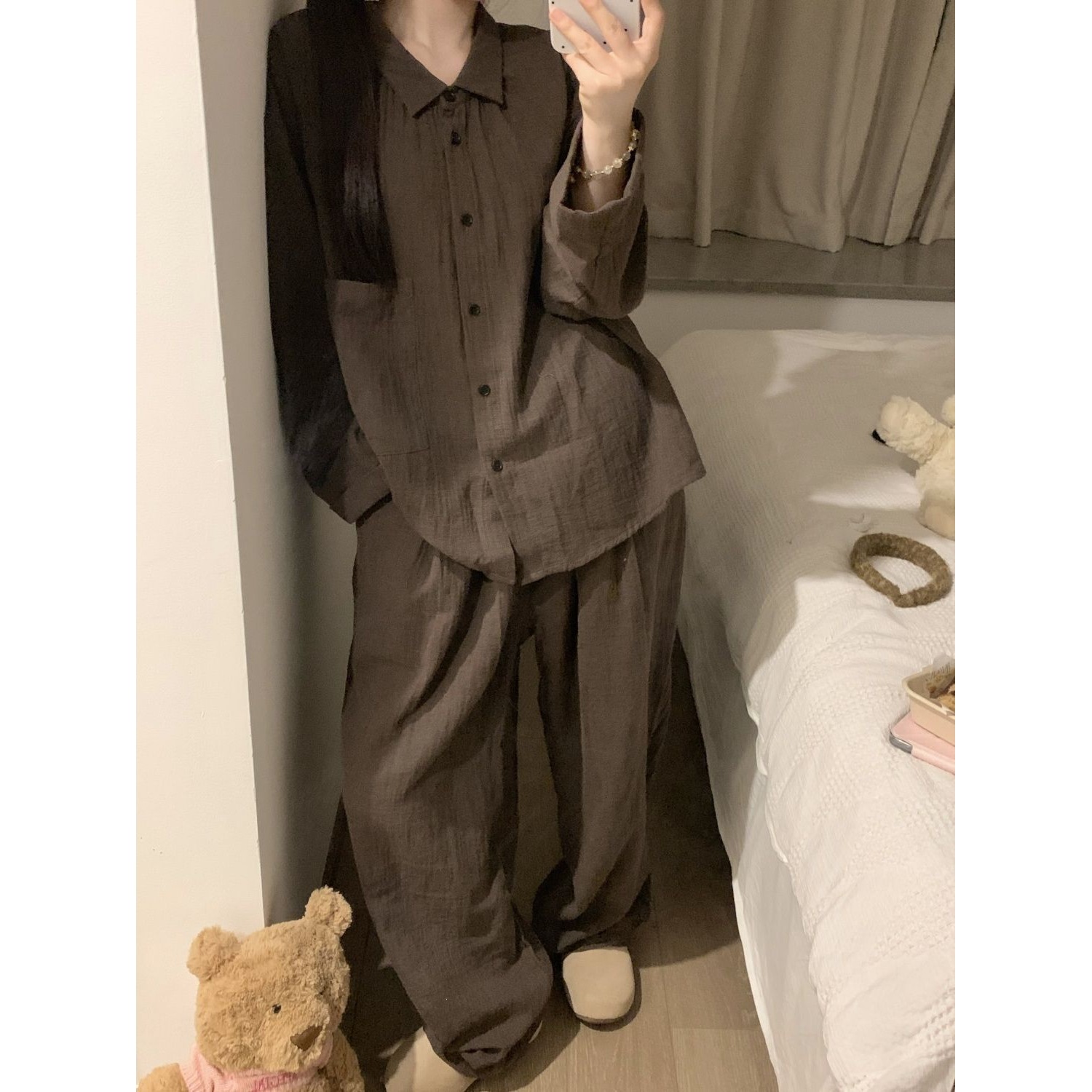 New Maillard long-sleeve and long-pants two-piece set, suitable for outdoor wear, loose and simple home wear, thin pajamas for spring and autumn