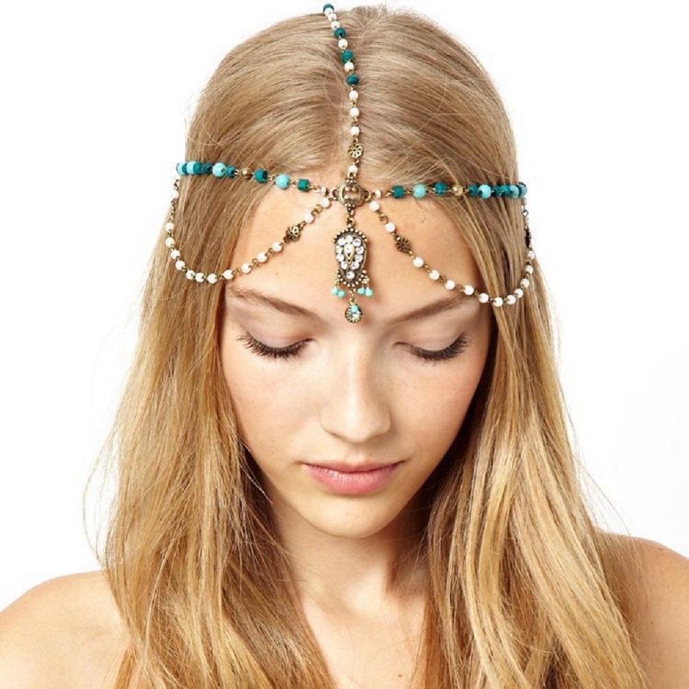 European and American Hot-Selling Retro Tassel Exotic Headwear Bohemian Handmade Blue Bead Performance Clothing Accessories Headband