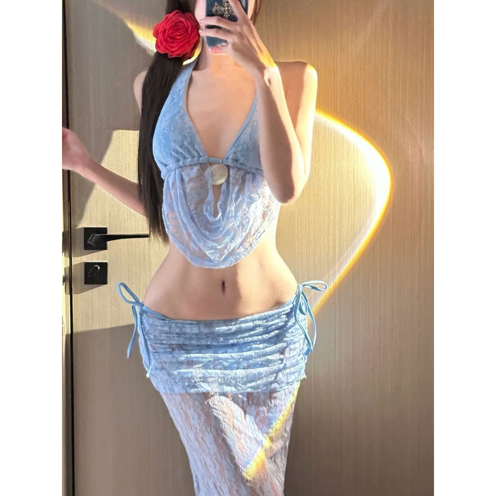 Bikini Two-Piece Swimsuit for Women, Pure and Sensual, High-End Style, Suitable for Seaside Hot Springs, Halter Neck, Beautiful Back, Lace Long Skirt, Sun Protection