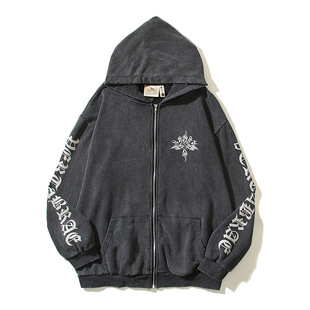 Autumn and Winter European and American street fashion washed vintage water pattern hooded hoodie men's and women's same fashion