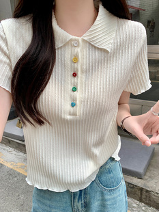 Women's Polo Collar Striped Shoulder Short-sleeved T-shirt Women's 2024 New Summer chubby girl Slim-fit Top