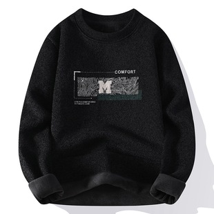 One-piece Velvet Crewneck Sweater Men's Winter Teenager Senior high school Student fleece-lined Thickened Fashionable Korean-style Inner Base Shirt