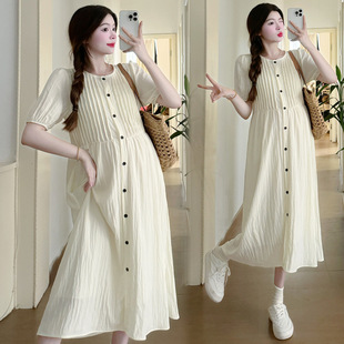 Maternity 2024 Summer New Korean Style Fashionable Elegant Simple Loose Pregnant Women Dress with Breastfeeding Buckle