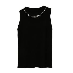 Japanese and Korean Women's Exquisite Pearl Nearline Elegant Slim-fit Slimming Solid Color Knitted Vest Sleeveless Top Autumn New