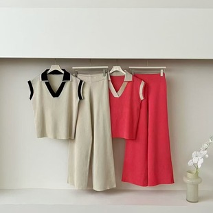 New Spring Knitted Sleeveless Pullover Top V-Neck Wide Leg Pants Two-Piece Set Foreign Trade Simple Stitching suit
