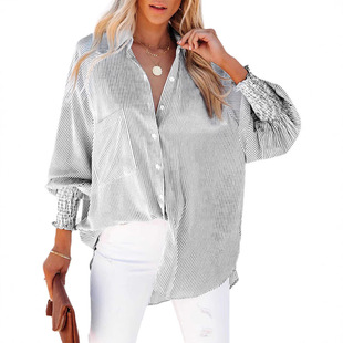 Shiying European and American Women's New Spring and Autumn Top Striped Collar Loose Bubble Long Sleeve Shirt for Women