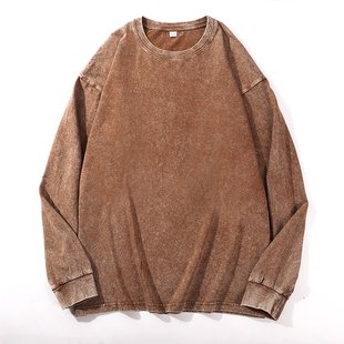 Cross-border factory direct European 230 grams of cotton washed old plus size loose round neck long sleeve T-shirt for men and women