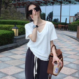 Korean Style V-neck Slub Cotton White Short-sleeved T-shirt Women's 2023 Summer Casual Loose All-match Western-style Base Shirt Top