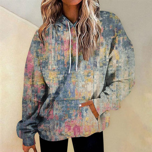 Women's Long-Sleeved Sweatshirt Cross-Border European and American Hoodie Fashionable Loose Hoodie 3D Long-Sleeved Retro Tie-Dye Baseball Wear