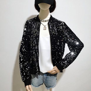 In stock wholesale fashion sequin zipper shirt modern dance baseball uniform loose sequin stage outfit coat for women