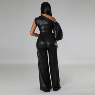 9446 Amazon European and American women's clothing 2023 autumn and winter new wide-leg pants sexy solid color evening dress cross-border jumpsuit