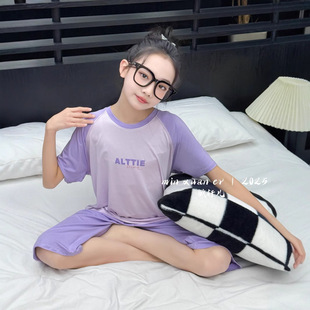 Min Xuan Er Spring and Summer New Ice Cool Cotton Short Sleeve Seven-point Sleeve suit Home Clothes Solid Color Raglan Mid-size Children's Air-conditioning Clothes