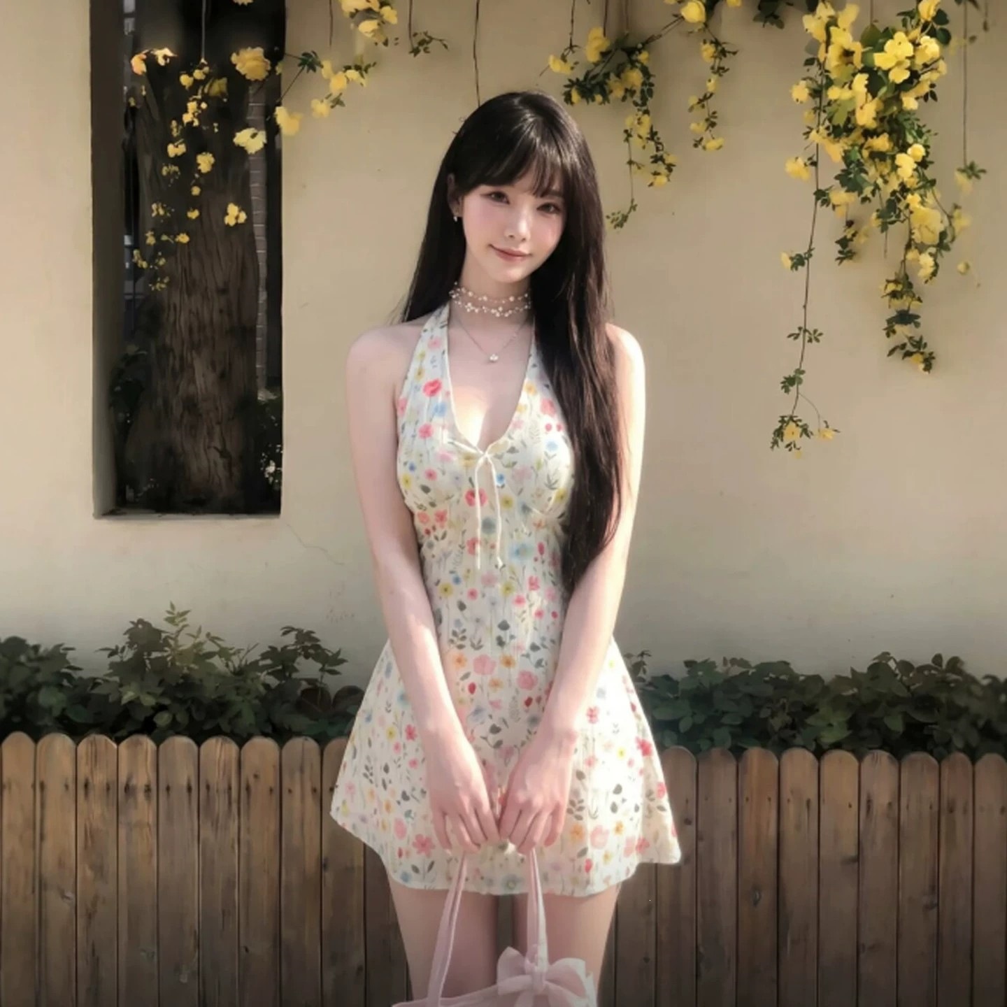 Gentle and unique, super pretty halter neck V-neck floral print slim waist mini dress for petite women, summer 2026.