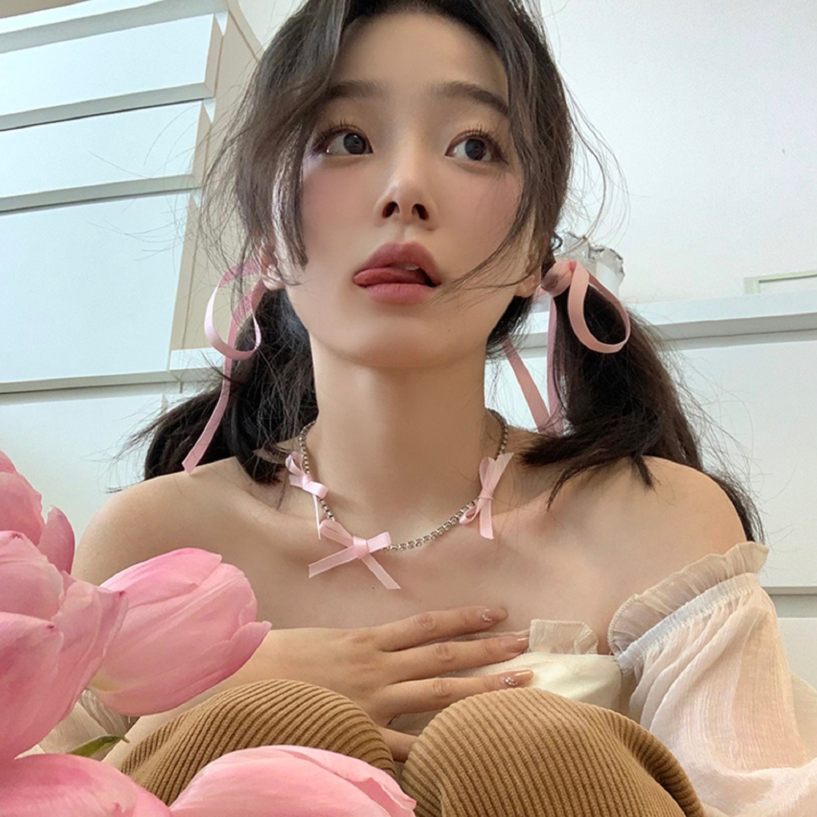 Ballet aesthetic girl style jewelry French tie hair ribbon braided hair bow zircon Choker clavicle chain necklace