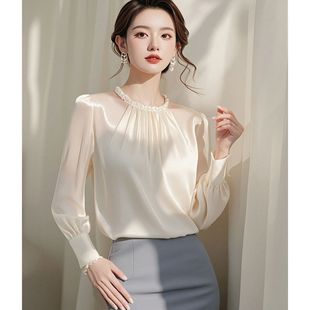 Shirt Early Autumn New Top French Cool Style High-grade White Satin Long-sleeved Shirt Women's Elegant Small Shirt