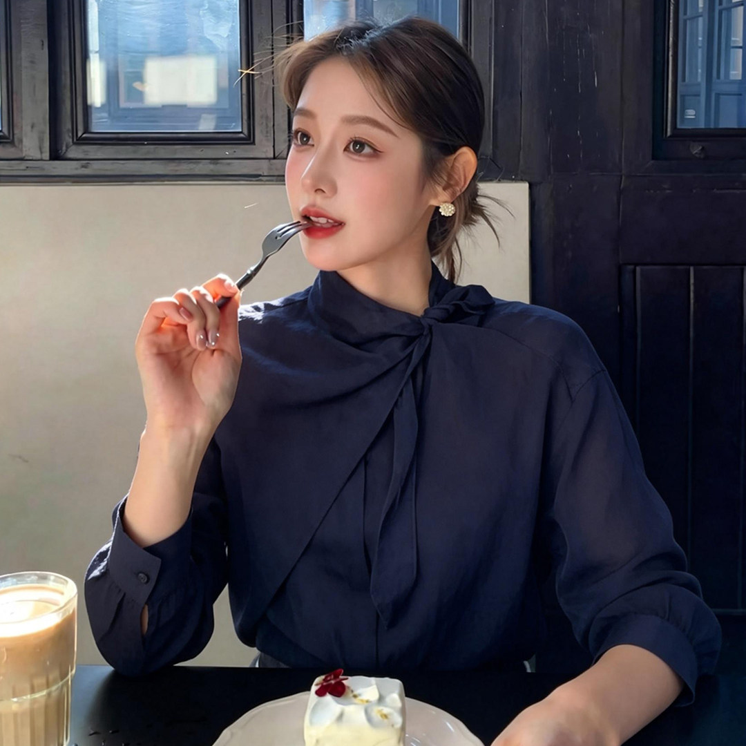 French-Style Deep Blue Lace-Up Long-Sleeve Shirt for Women, 2026 Spring New Design, High-End Niche Non-Crowded Style Top