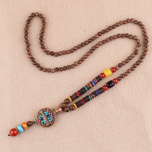 Easiest for Match Men and Women Retro Ethnic Style Sweater Chain Long Wooden Pendant Buddha Bead Necklace Clothing Accessories Pendant Decoration