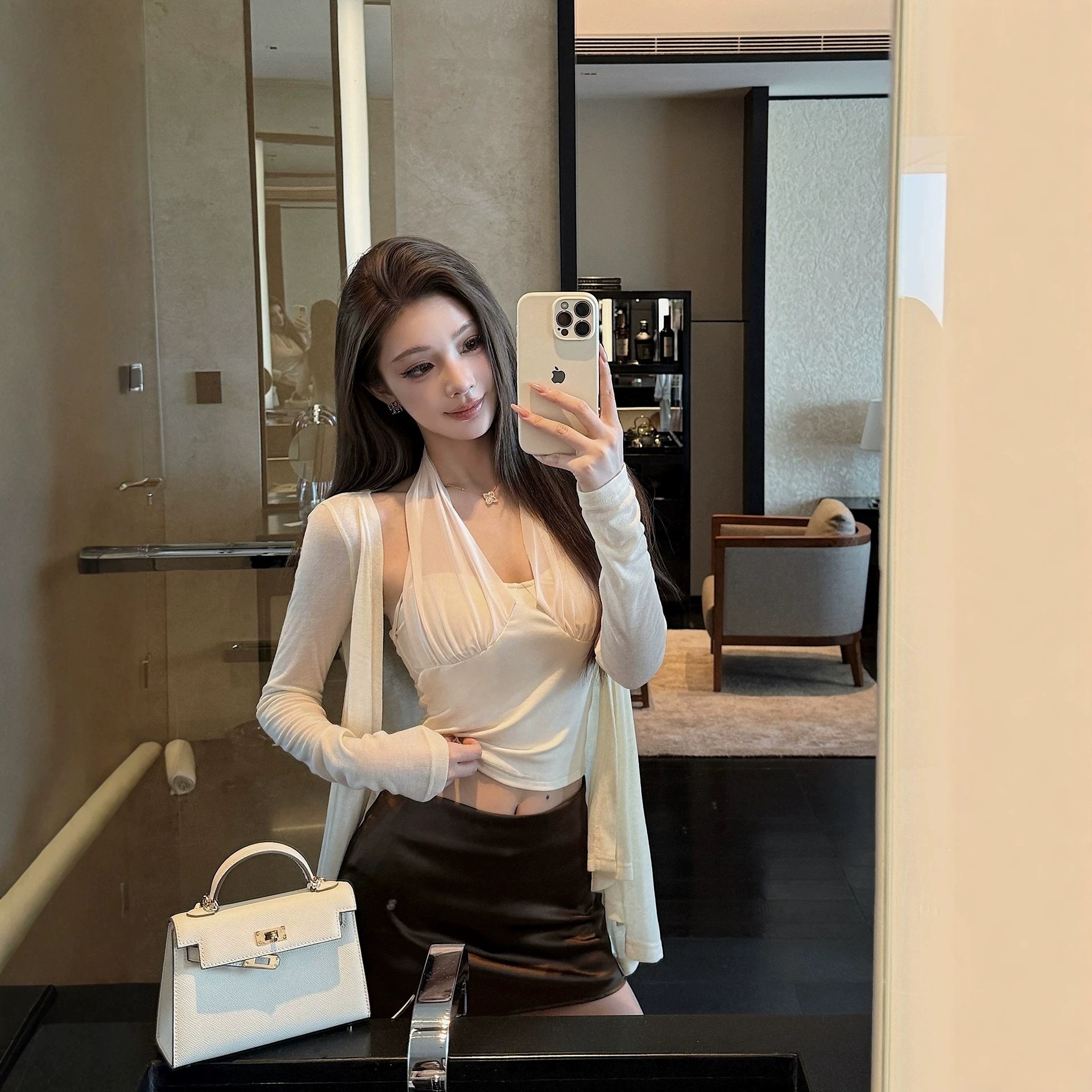 Pure Desire Hot Girl Mesh Patchwork Camisole with Chest Pads, V-Neck Halter Neck, Backless Sleeveless Crop Top for Women