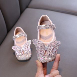 Autumn 2025 New Lady Baby Girl Girl Princess Diamond Shoes Leather Shoes Dance Shoes