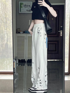 American Tie-Dye Casual Pants Women's Spring and Autumn Inkjet White Sports Pants Design Sense Dipped Loose Straight Floor Pants