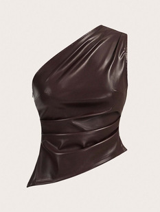 European and American Women's New Solid Color Sleeveless Crossover Neutral Style Zipper Top Leather Sexy All-match Slim-fit Top