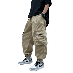 Boys' Summer Overalls 2024 Middle and Large Children's Spring and Autumn Thin Pants Children's Pure Cotton Loose Large Pocket Trendy Trousers