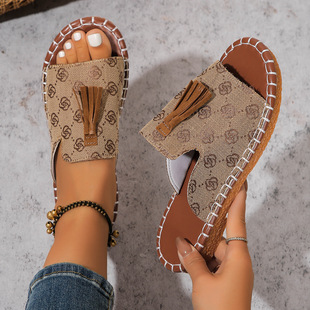 Cross-border foreign trade plus size flat slippers women 2024 summer new European and American tassel beach women's shoes 43 yards wish